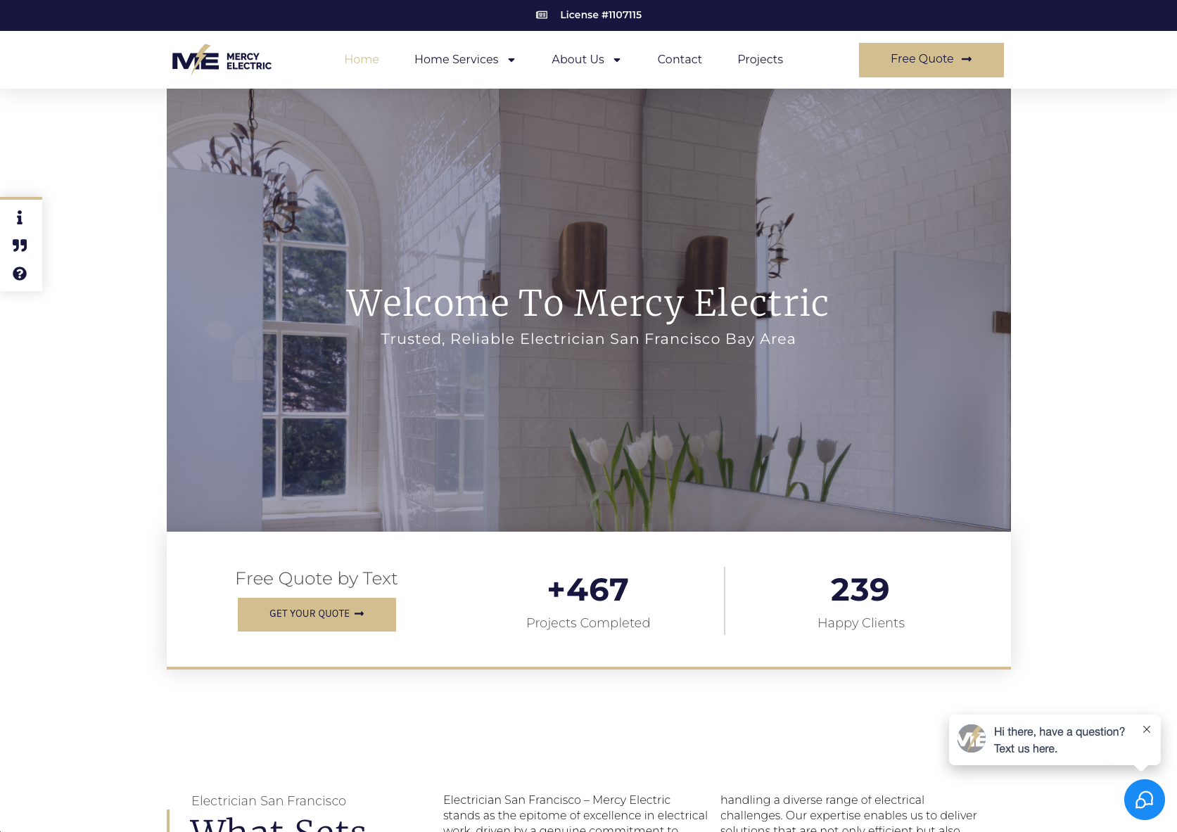 Screenshot of a client website called Mercy Electric, an electrician based in San Francisco, California.